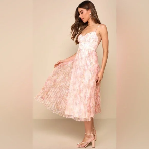 Lulus | Dresses | Nwt Finest Endeavor Blush Pink Floral Dress Pleated  Bustier Midi Dress | Poshmark